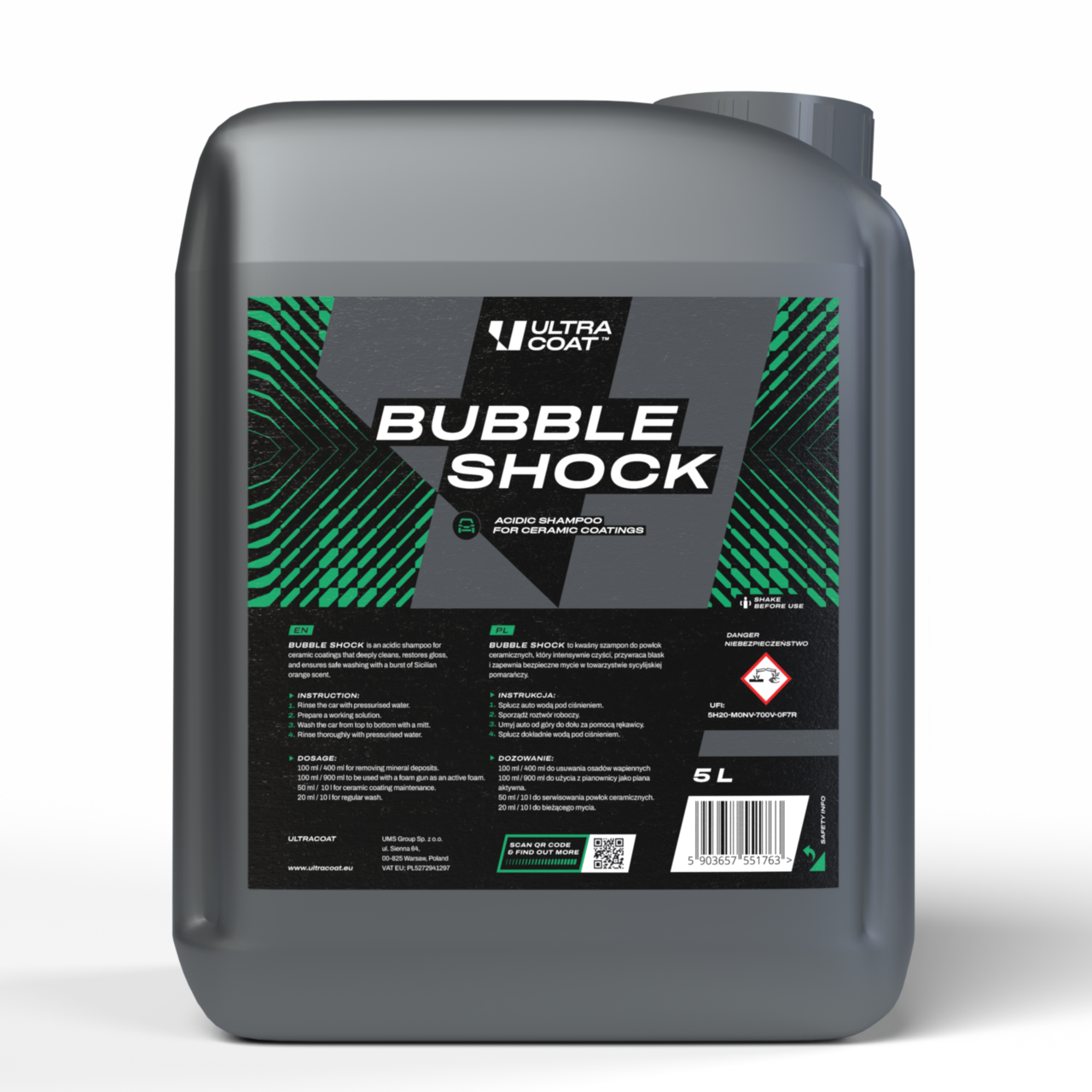 Bubble Shock - Acidic pH formula helps effectively remove mineral deposits and road film, restoring the coating’s original hydrophobic properties