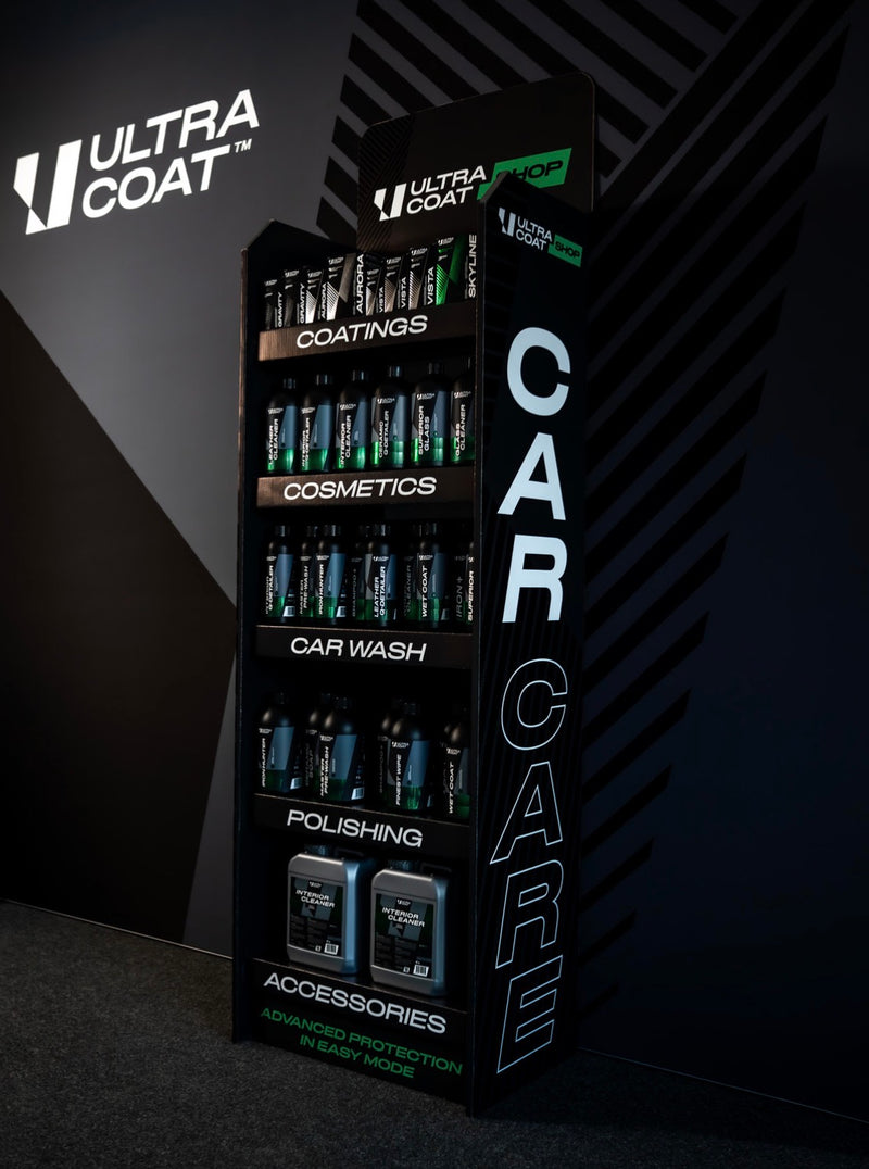 A complete ULTRACOAT SHOP retail display stocked with coatings, car care products and accessories.