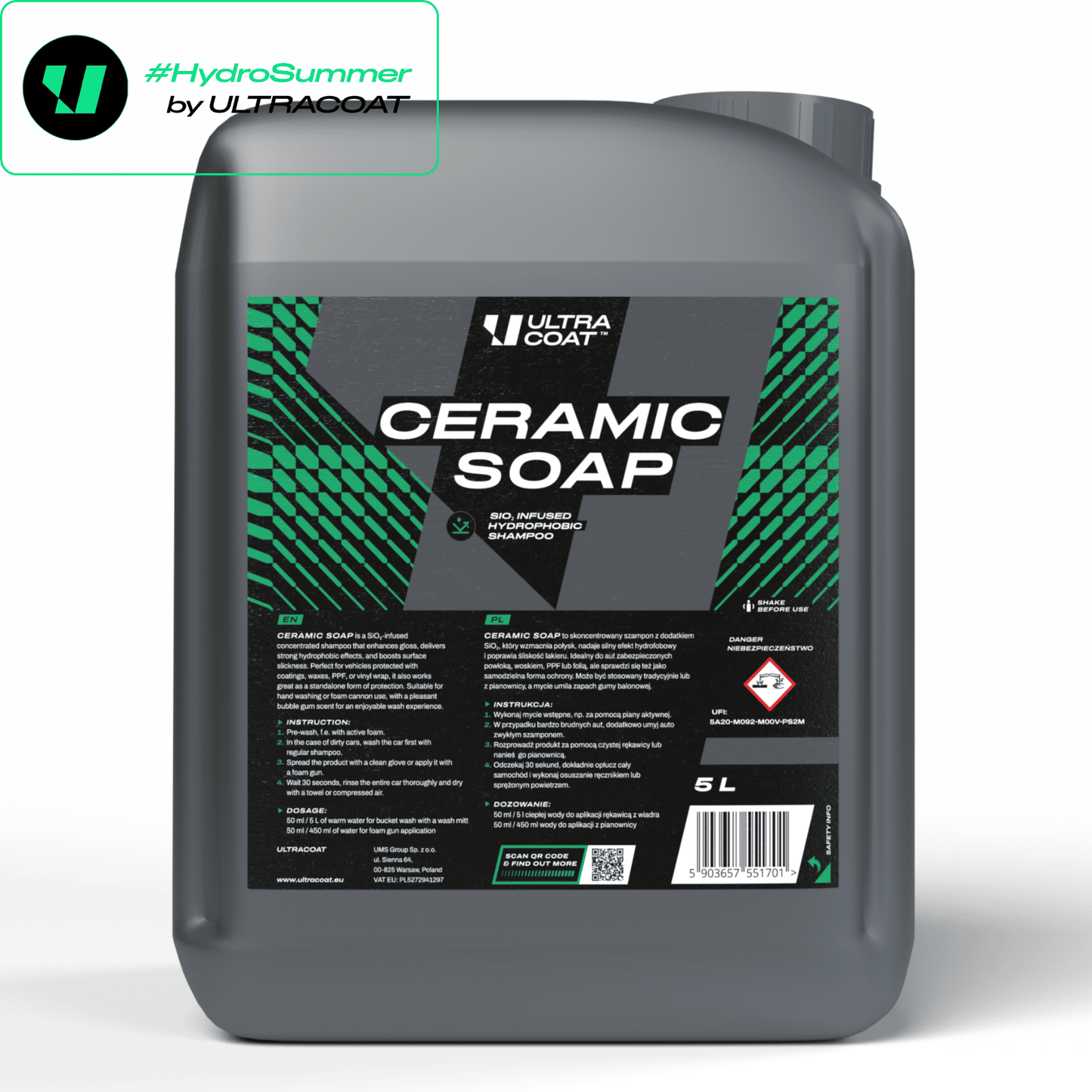 Ceramic Soap · SiO₂ Hydrophobic Shampoo — Washes & Adds Protection in One Step
