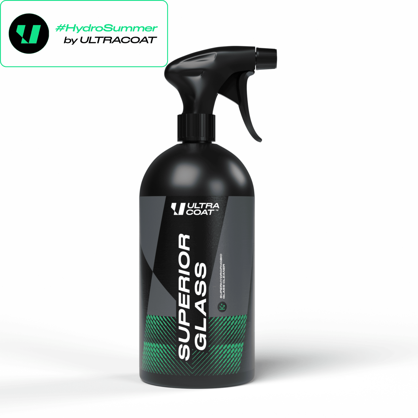 Superior Glass · Hydrophobic Glass Cleaner — Cleans & Protects in One Step · Weeks of Water Beading