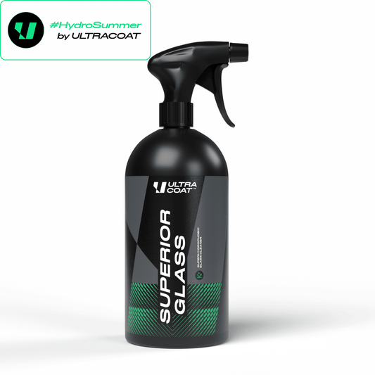 Superior Glass · Hydrophobic Glass Cleaner — Cleans & Protects in One Step · Weeks of Water Beading