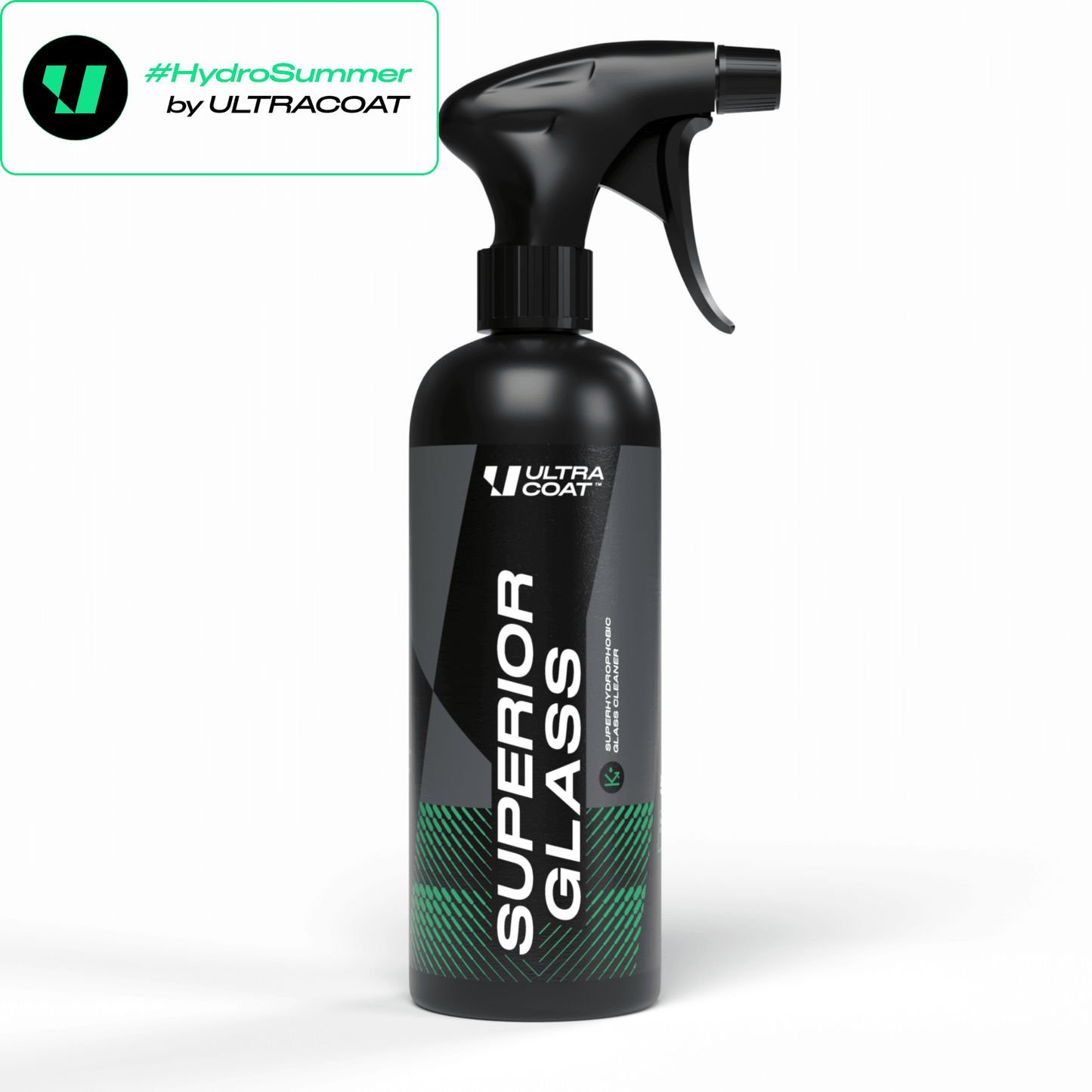 Superior Glass · Hydrophobic Glass Cleaner — Cleans & Protects in One Step · Weeks of Water Beading