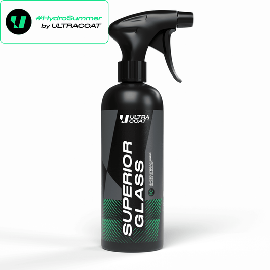 Superior Glass · Hydrophobic Glass Cleaner — Cleans & Protects in One Step · Weeks of Water Beading