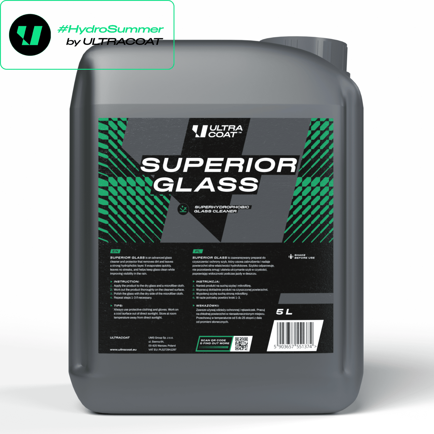 Superior Glass · Hydrophobic Glass Cleaner — Cleans & Protects in One Step · Weeks of Water Beading