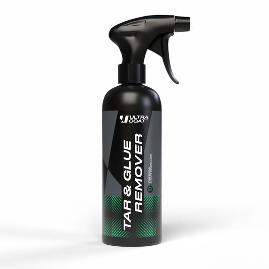 Black spray bottle labeled Ultracoat 'Tar & Glue Remover' on a white background