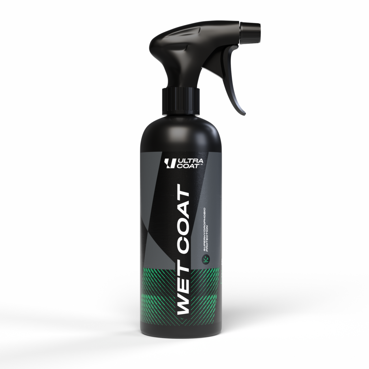 Black spray bottle labeled 'Wet Coat' by Ultra Coat on a white background