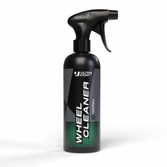 Black spray bottle labeled 'Wheel Cleaner' on a white background