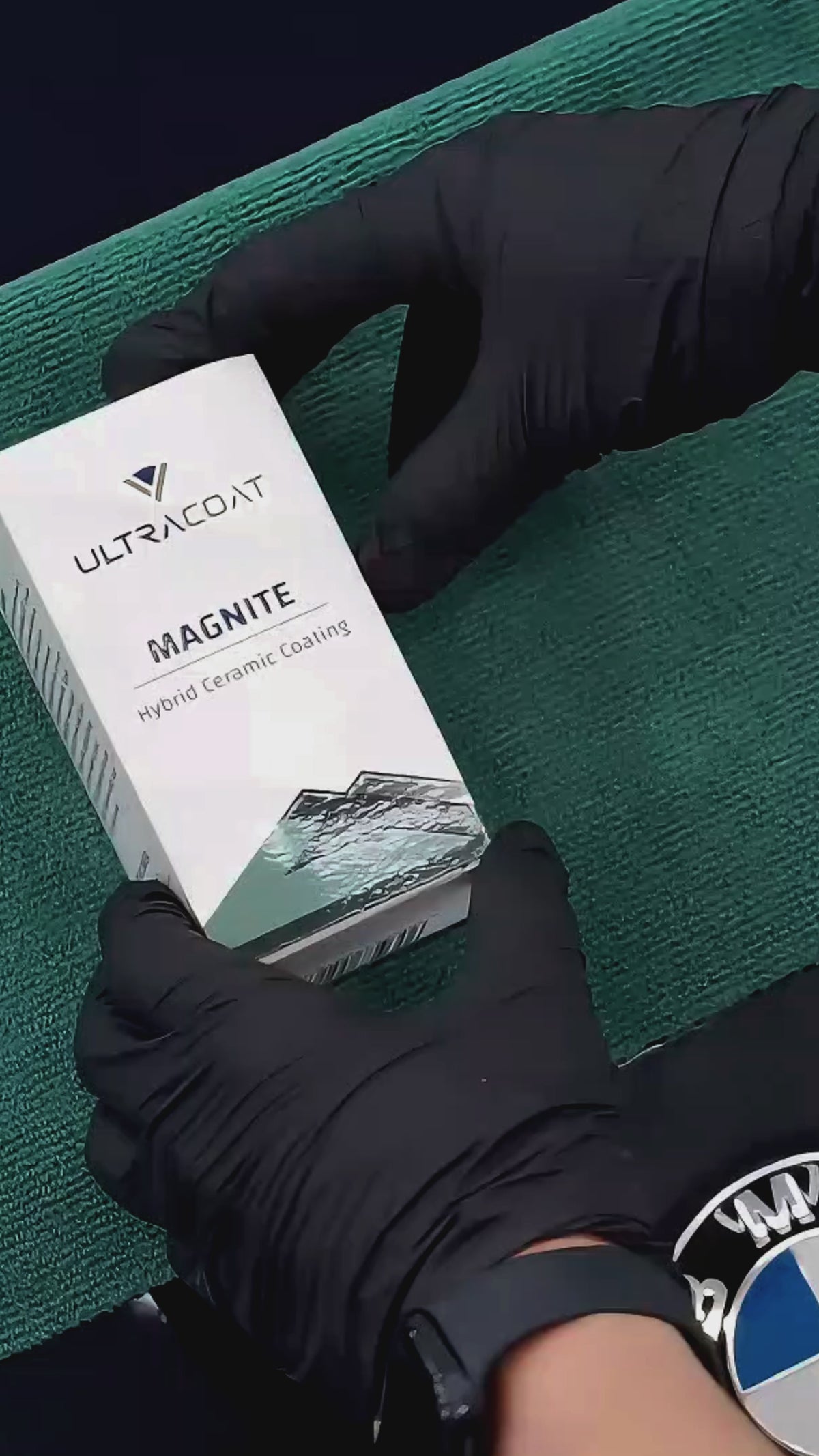 Ultracoat Magnite being applied to a dark car, followed by water beading and running off the coated paint